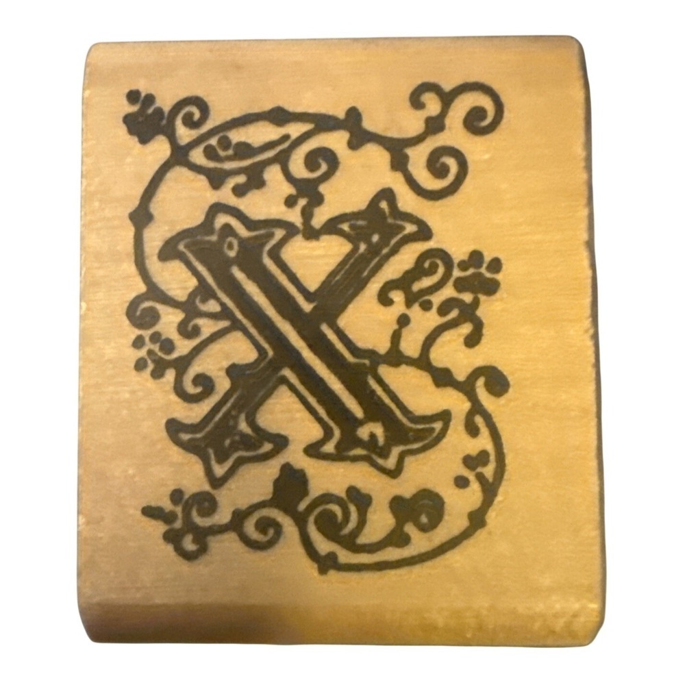 INKADINKADO‎ Fleur Scroll LETTER "X" Alphabet Wood Mounted Rubber Stamp Vintage